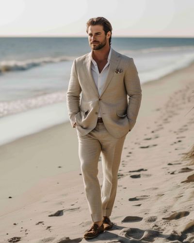 Beige Linen Beach Suit